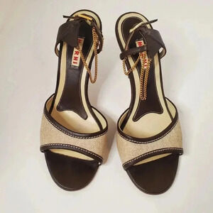 Marni Ankle Chain Leather Canvas Open Toe Heels 37.5